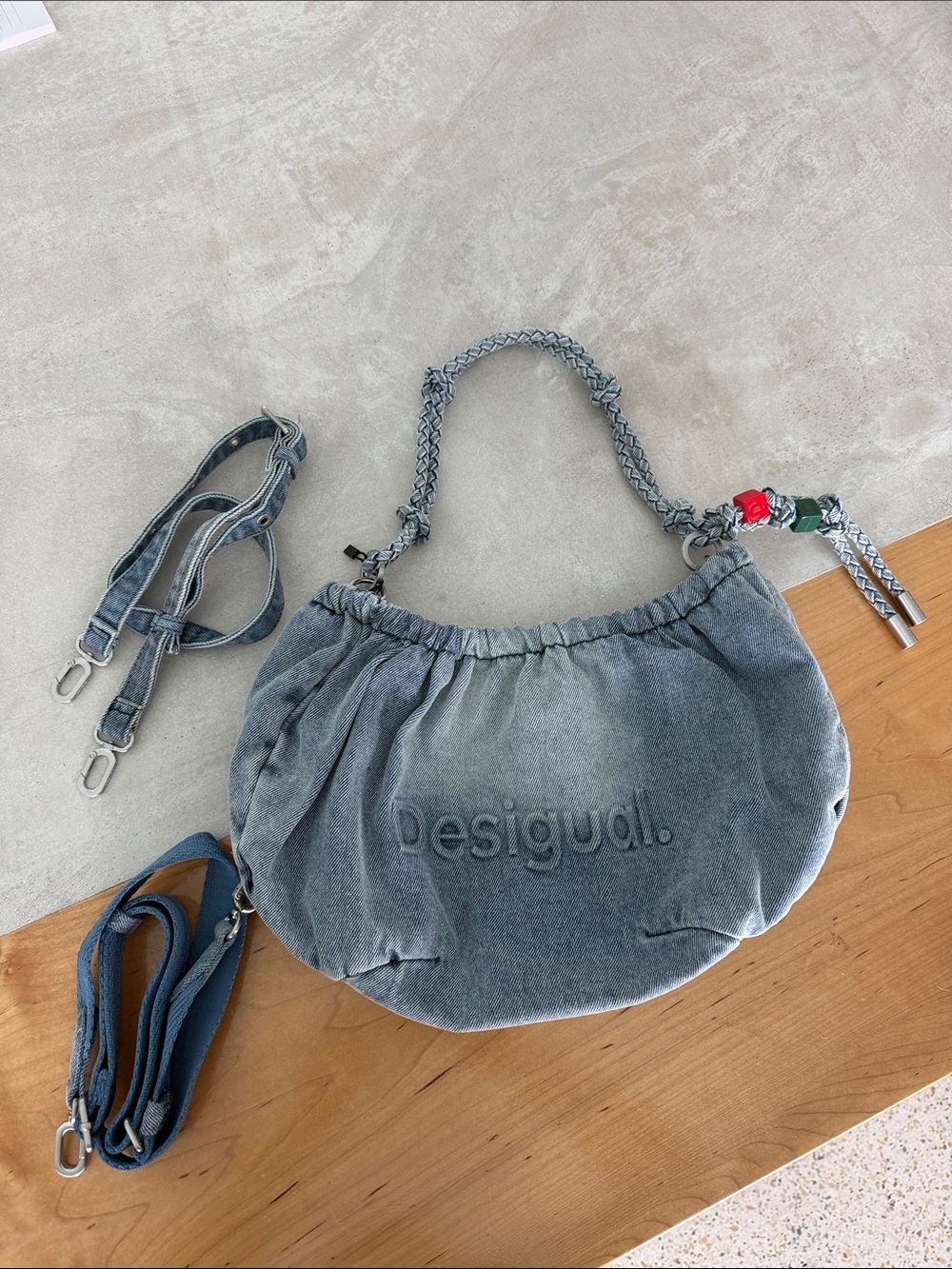 Desigual Washed Blue Denim Shoulder Bag with Braided Handle